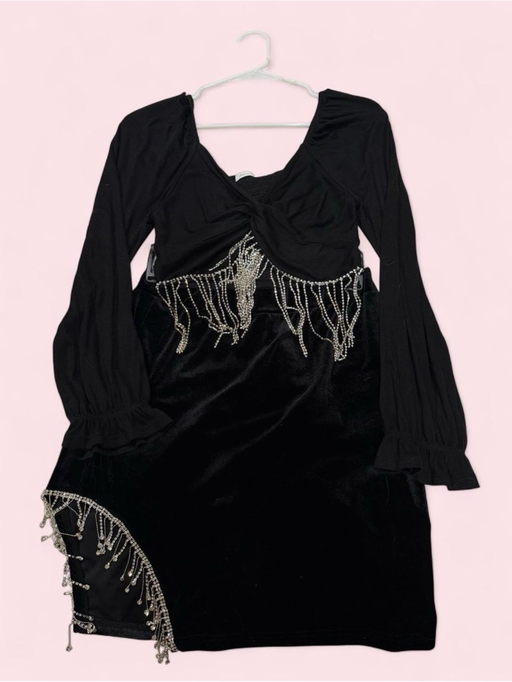 Two Piece Black Rhinestone Fringe Top and Bottom